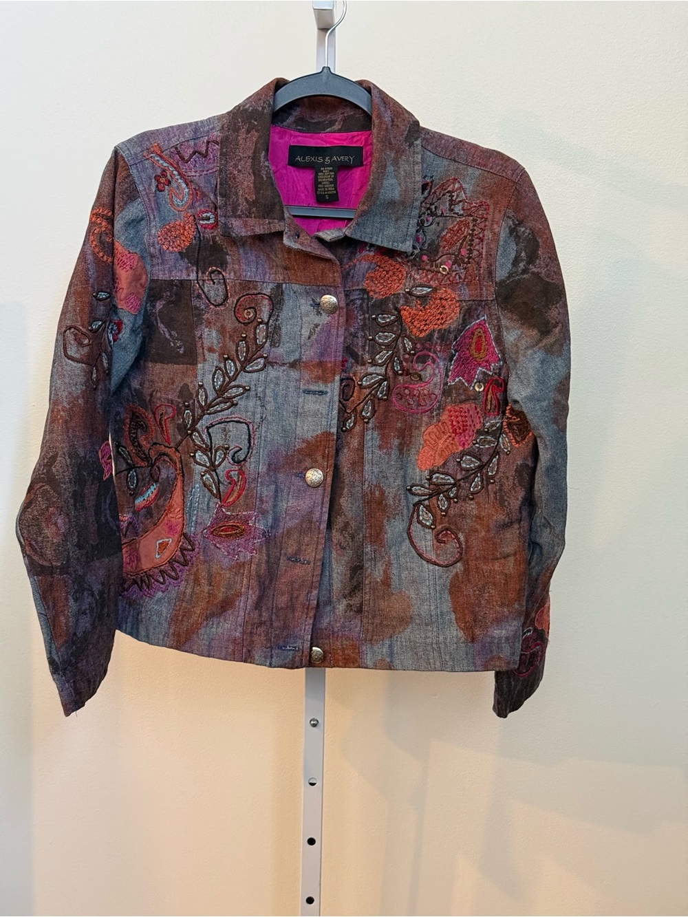 Alexis & Avery Multicolor Embroidered Jean Jacket - Pink Accent